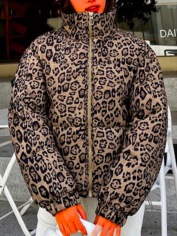 women's leopard print jacket stylish long sleeve zip up coat with pockets, black & white animal pattern, perfect for fallu002fwinter outerwear, leopard print clothing