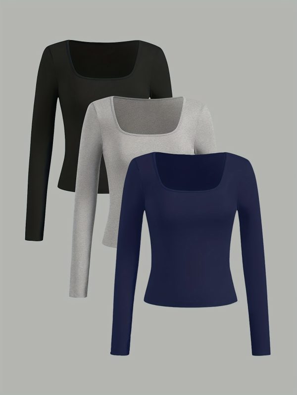 women's spring and autumn classic three color square neck long sleeve, simple fashionable versatile new style, 3pcs set