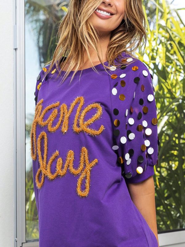 womens casual t shirt playful game day graphic tee polka dot sleeve design fashion purple gold letter print short puff sleeve round neck oversized loose fit athletic spirit wear team fan celebration top summer spring