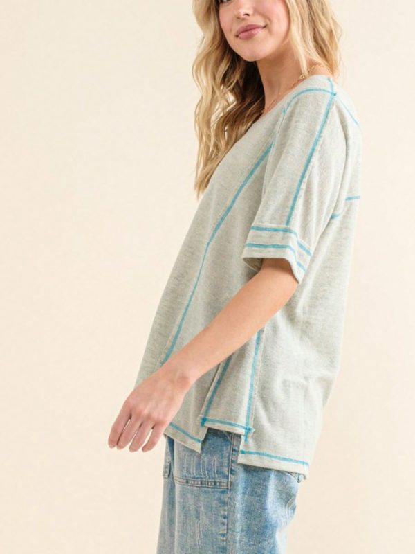 womens casual t shirt relaxed fit contrast stitch detail scoop neck top elbow length sleeve athleisure basic heather grey blue trim summer daily wear loose comfort tee blouse weekend loungewear