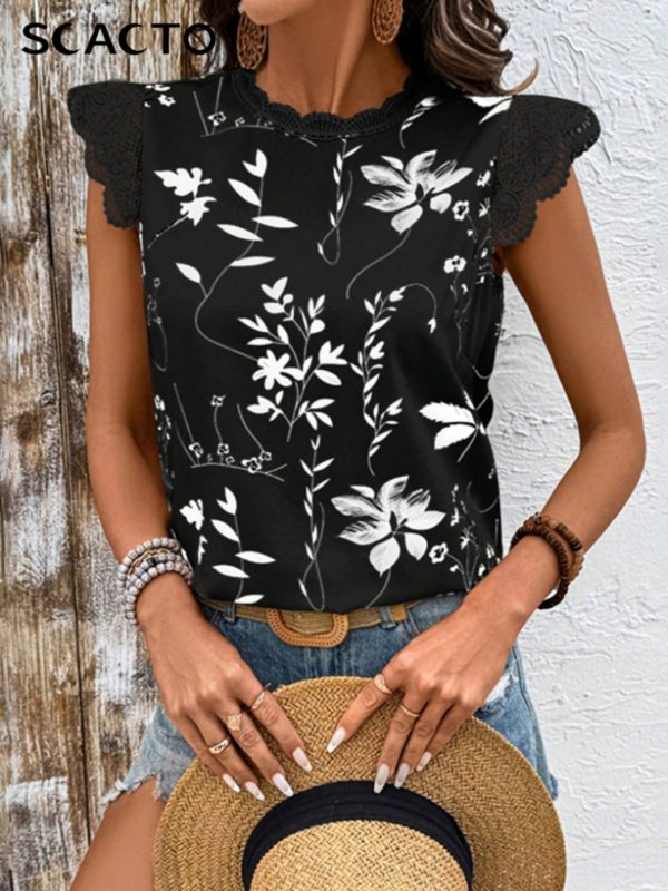 scacto women's geometric leaf print lace cap sleeve blouse black & white contrast crew neck casual shirt, all season machine washable top for casual attire, versatile shirt, feminine style, quality stitching, stylish shirt, summer wardrobe
