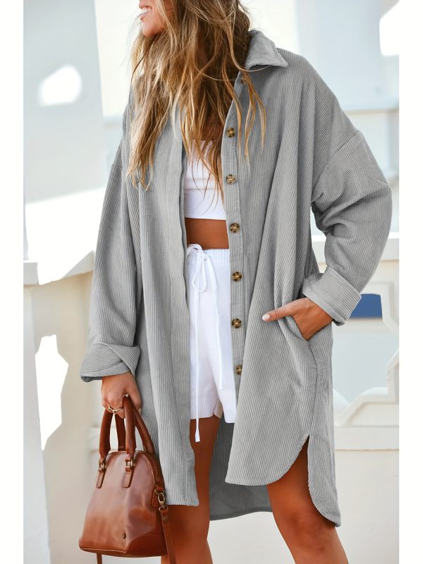 women's light blue corduroy shacket casual long button shirt with side slit, oversized collar coat for spring & fall, polyester fabric, machine washable
