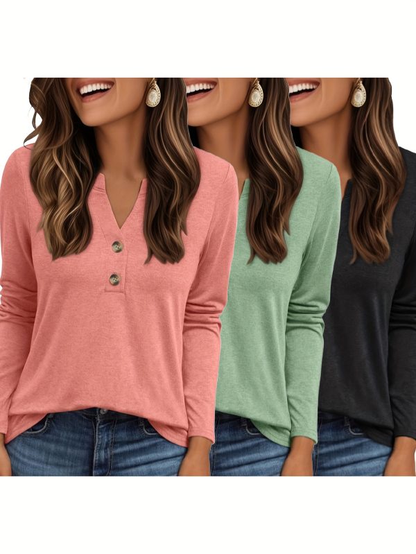 three piece women's long sleeved henry shirt, elegant and casual autumn top, fashionable shirt, cute v tie, button t shirt