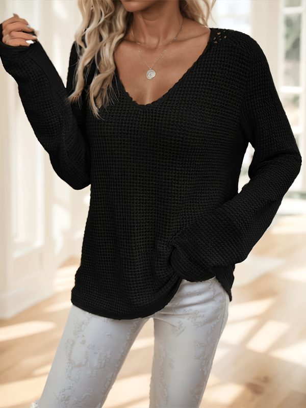 women's elegant v neck long sleeve t shirt with contrast lace detail casual black top, springu002ffall fashion, lightweight polyester blend, perfect for casual attire, ladies t shirts