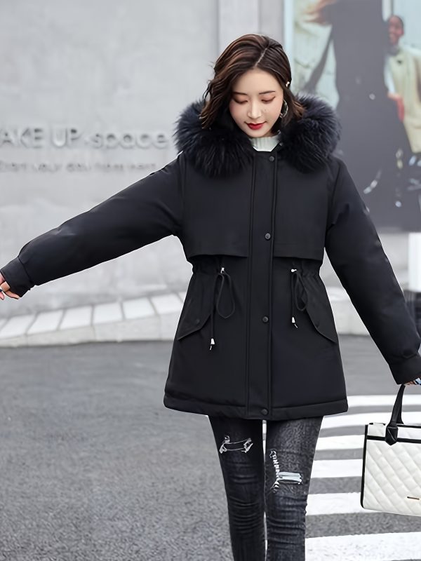 23208 women's casual faux fur lined coat with plush faux fur hood & cuffs machine washable all season outerwear, solid color design for casual attire
