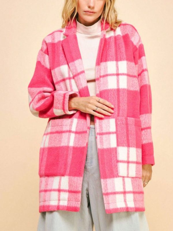 women's casual coat chic plaid open front slit outerwear with pockets hot pink long sleeve oversized checkered pattern stylish and warm outerwear perfect for springu002ffallu002fwinter everyday wear