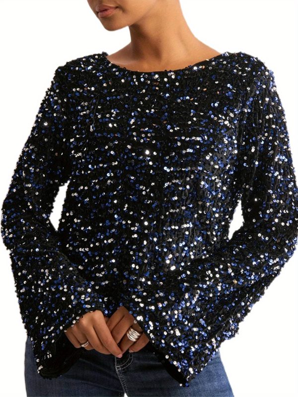 elegant women's long sleeve glitter sequin top round neck with chic back bow, stretchy & comfortable polyester blend, perfect for party wear