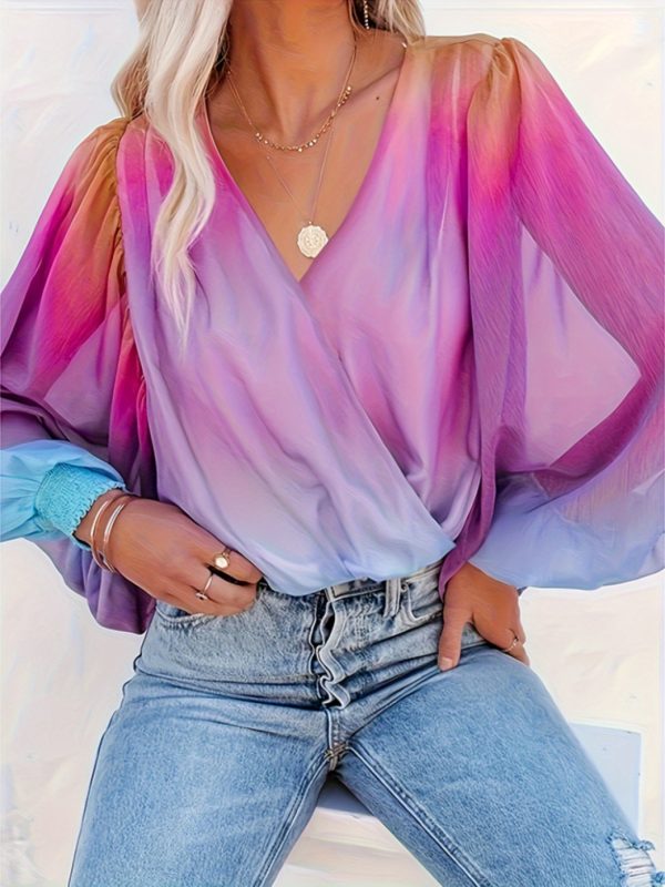 womens v neck gradient color long sleeve tops 2025 summer casual loose puff sleeve shirts