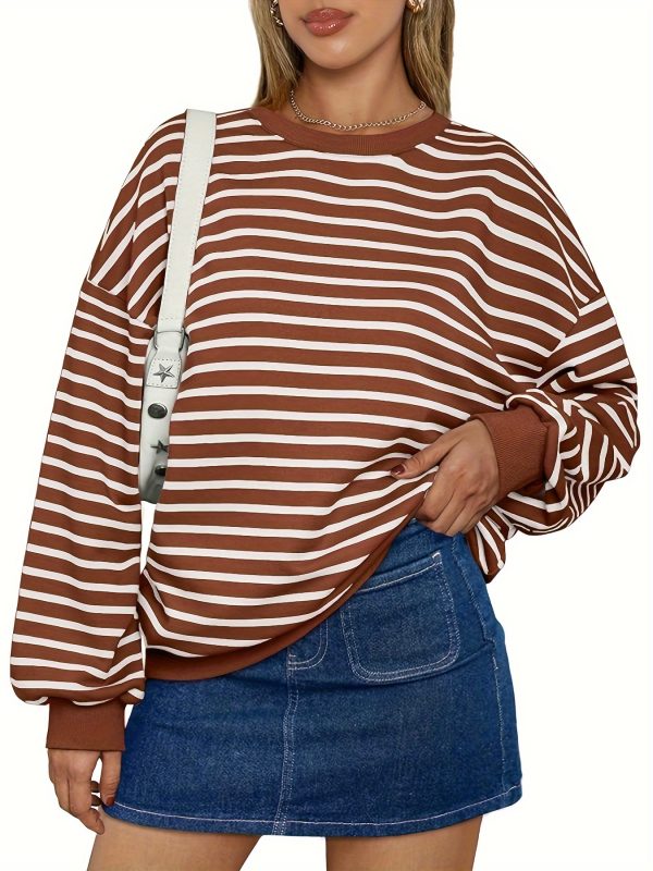 casual pullover top for women featuring a striped oversized design, long sleeves, and a crewneck hoodie, inspired by y2k fashion.