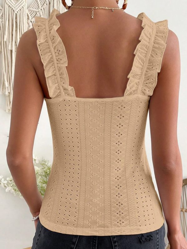 scacto 2025 sleeveless tank top with ruffle strap& square neck eyelet, slim fit blouse