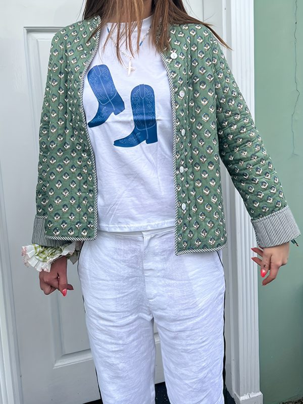 women's y2k floral quilted jacket double sided print, mock neck, long sleeve button coat, casual fallu002fwinter outerwear, machine washable, green & beige floral design, cute jacket
