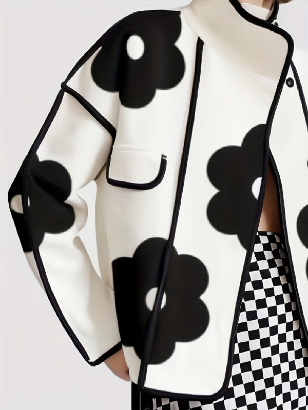 women's lightweight floral print jacket casual long sleeve with stand collar, single breasted buttons, white base with black floral patterns, perfect for fallu002fwinter outfits, winter outerwear | sleek design