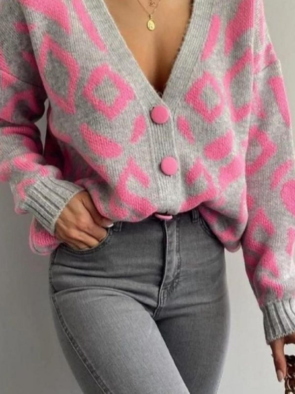 spring 2025 new arrival women's geometric striped cardigan pink & gray patchwork design, button front closure, all season casual chic sweater, machine washable