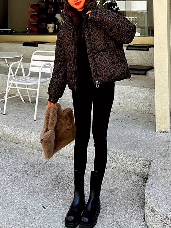 women's leopard print jacket stylish long sleeve zip up coat with pockets, black & white animal pattern, perfect for fallu002fwinter outerwear, leopard print clothing