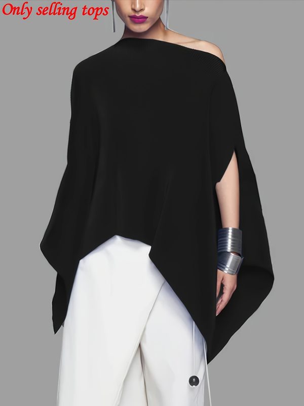 women's asymmetrical single shoulder batwing sleeve t shirt loose fit solid color black top with hem cut out, casual commuting & casual attire, springu002fautumn fashion, sizes s 2xl, autumn wardrobe essential, minimalist design, stylish finish