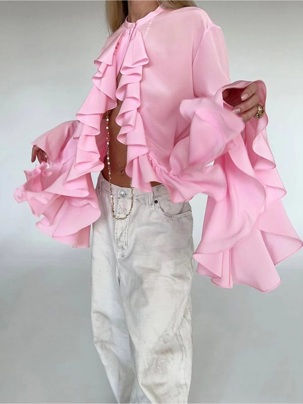 women's vintage inspired solid pink layered long flare sleeve blouse with ruffled neckline & windsor collar casual to party elegant shirt, machine washable springu002fsummer top, pink tops for women
