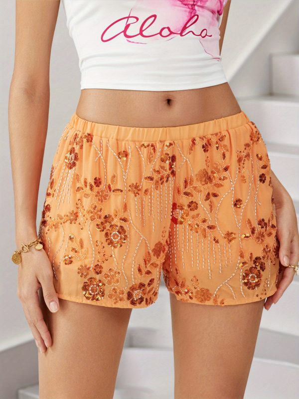 women's y2k sequin mini shorts with beaded floral embellishments & lace trim elastic waist loose fit casual summer streetwear shorts, cute shorts
