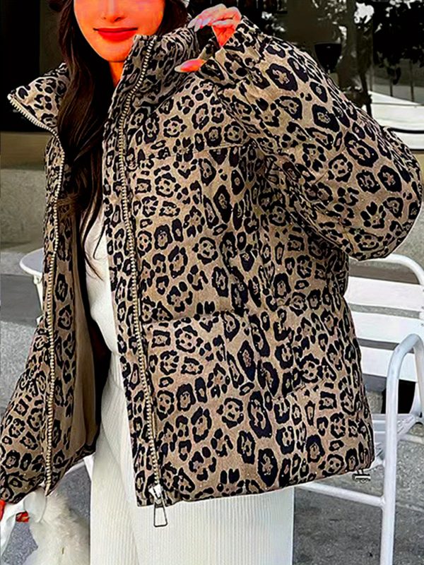women's leopard print jacket stylish long sleeve zip up coat with pockets, black & white animal pattern, perfect for fallu002fwinter outerwear, leopard print clothing