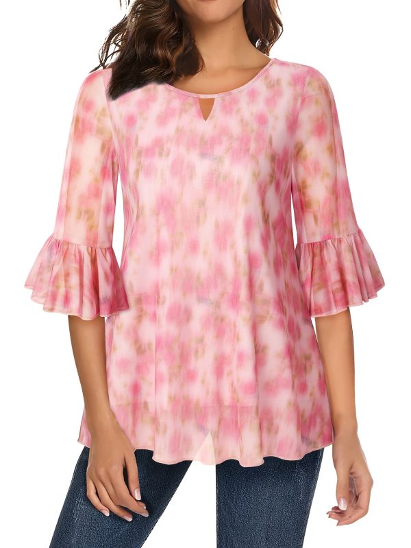 women summer tops blouses and shirts double layer printed mesh top round neck 3u002f4 sleeve bell sleeve corset