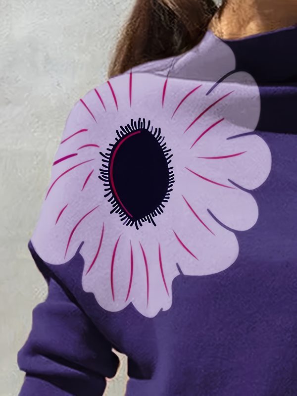 women's elegant purple floral print high neck long sleeve t shirt loose fit casual fashion top for spring, fall & winter, soft polyester blend, hand wash or dry clean, sizes s to xl