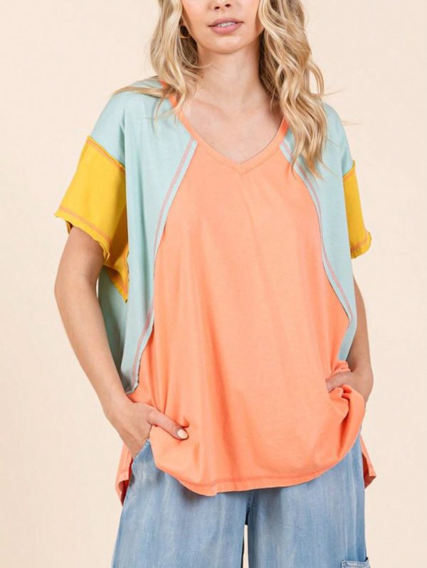 womens casual colorblock chic raglan sleeve v neck top loose fit coral mint yellow short sleeve summer tee shirt relaxed silhouette weekend everyday wear basic knit athletic fashion blouse