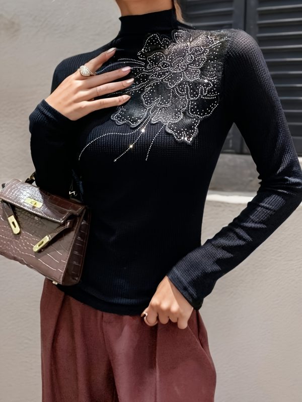 1pc elegant high neck turtleneck top with rhinestone applique, polyamide 90% elastane 10% knit fabric, asymmetrical detailing, springu002ffall season solid color mesh blouse