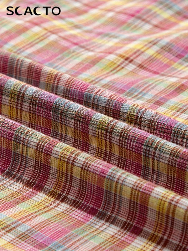 women's elegant pink plaid patchwork blouse button front henley shirt in pink, red, beige, white, green all season office & casual tops machine washable non transparent clothing, nontransparent fabric