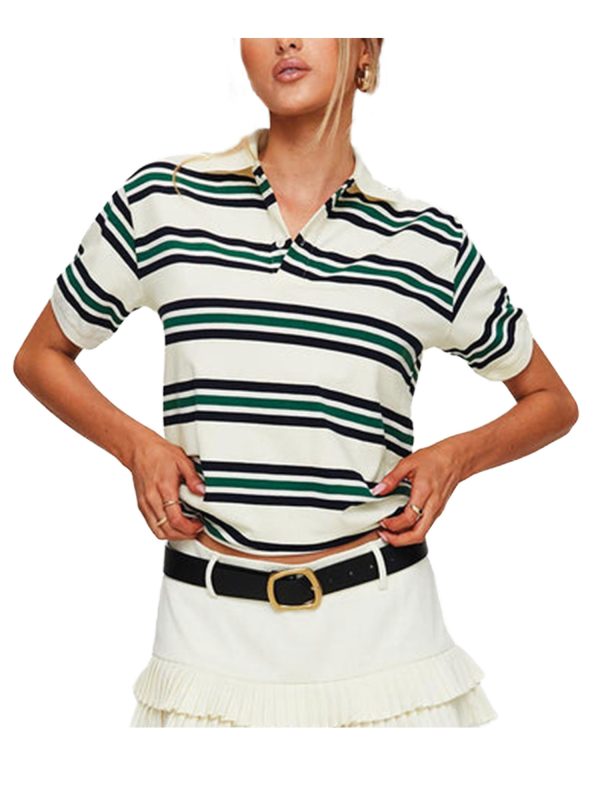 women's y2k vintage striped crop top with lapel collar casual short sleeve shirt in brown & light blue, non stretch machine washable fabric for spring summer fall streetwear, teenage fashion, soft texture