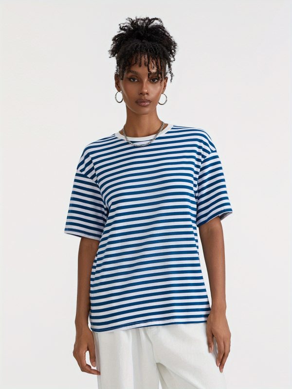women short sleeve t shirts stripe contrast color round neck shirts summer casual loose fit tops streetwear