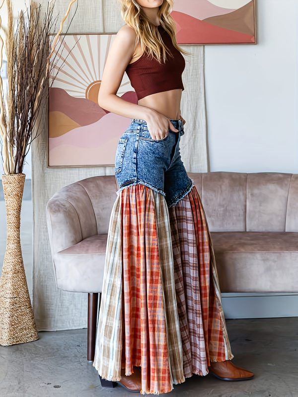 women's denim patchwork flared bell bottom pants with ruffled hem street style casual trousers, all season regular fit length for everyday outings, relaxed outfit jeans, durable fabric jeans