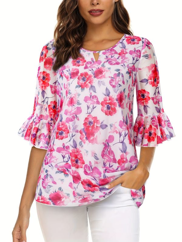 women summer tops blouses and shirts double layer printed mesh top round neck 3u002f4 sleeve bell sleeve corset