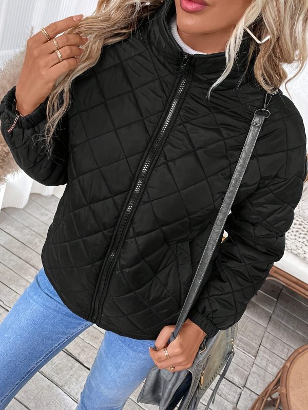 women's elegant warm fleece lined quilted jacket soft, velvet like, long sleeve, solid color, regular fit, zip up, ideal for fall & winter, casual style, casual winter wear | elegant casual jacket | soft fleece lining