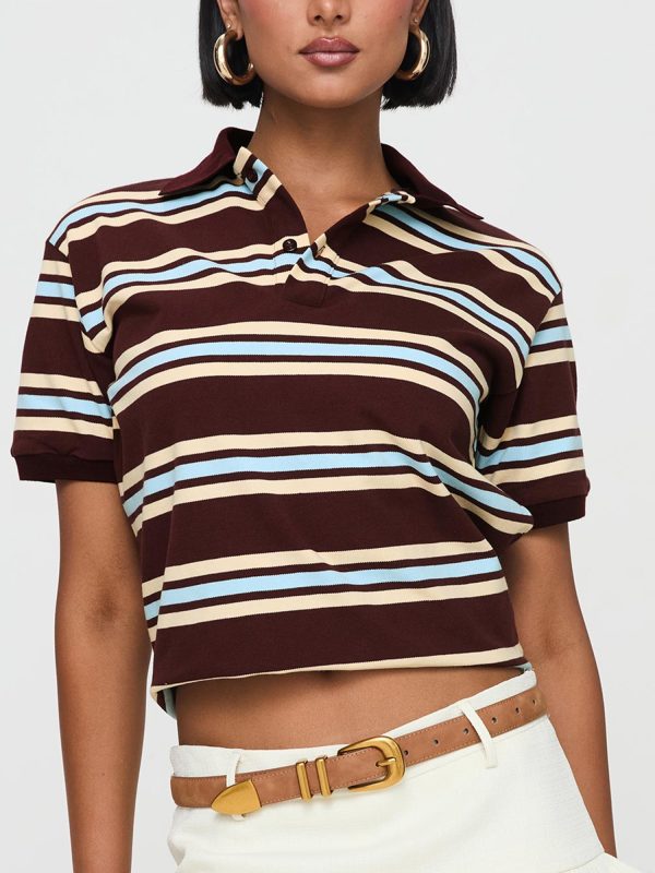 women's y2k vintage striped crop top with lapel collar casual short sleeve shirt in brown & light blue, non stretch machine washable fabric for spring summer fall streetwear, teenage fashion, soft texture