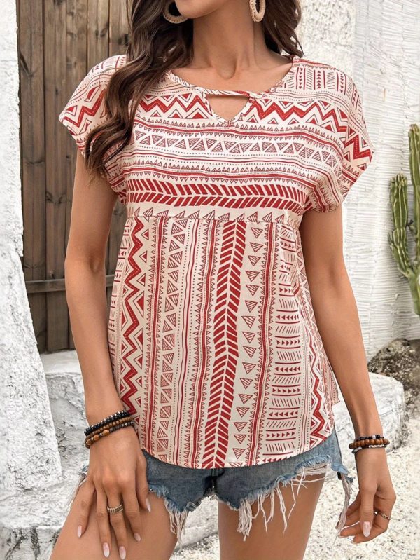 women's navy blue & white geometric shirt non stretch casual blouse, machine washable everyday & formal tops for women, versatile clothing, vneck blouse, fashionforward design