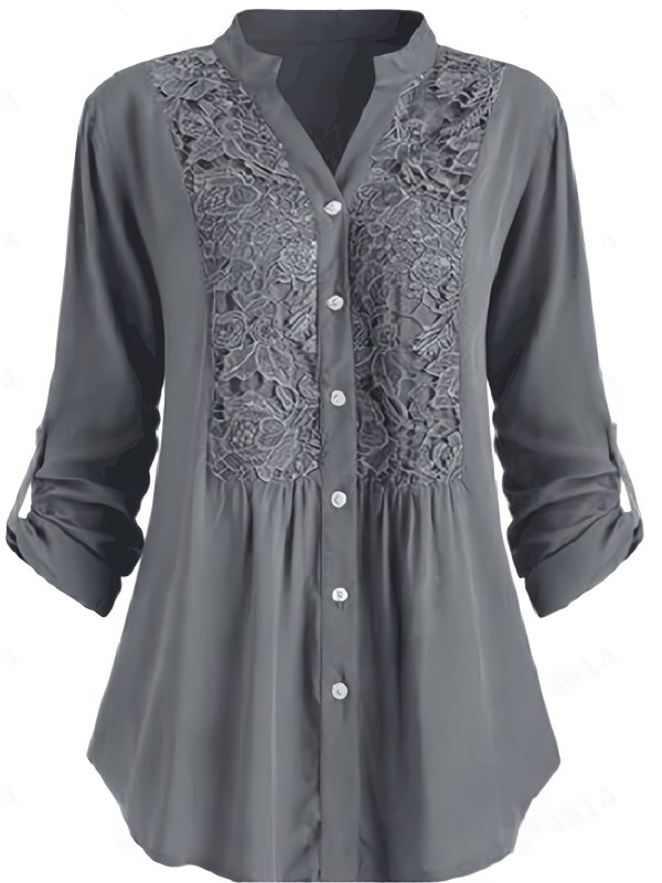 women's light blue v neck blouse with intricate lace detailing & single button front casual long sleeve top for springu002fsummer, machine washable polyester, casual wear | buttonfront shirt | scalloped edges, ladies blouses
