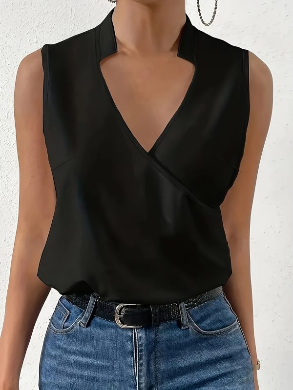 solid color surplice collar shirt, elegant sleeveless shirt, spring and summer, women's clothing