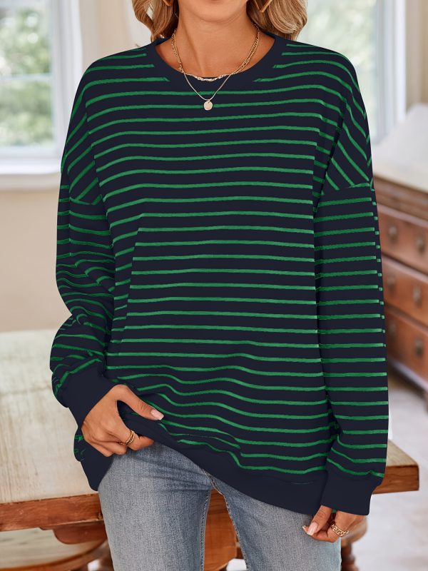 casual pullover top for women featuring a striped oversized design, long sleeves, and a crewneck hoodie, inspired by y2k fashion.