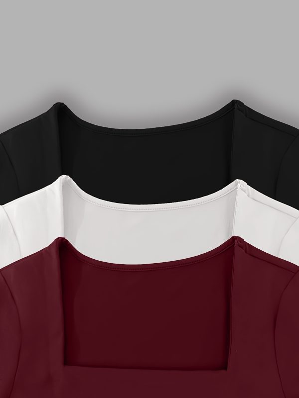 women's stylish black long sleeve t shirt with maroon accents square neck, polyester, perfect for spring & fall, casual attire|square neckline|polyester fabri