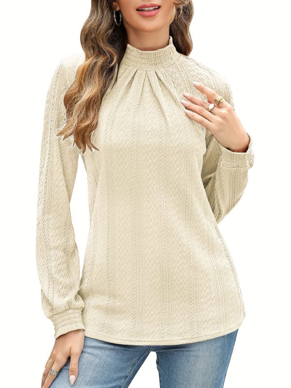 women's casual long sleeve ribbed top solid color stand collar pleated textured elegant tunic shirt, stretchy regular fit for fallu002fwinter, ladies tops and shirts, winter fashion, structured design, comfortable wear