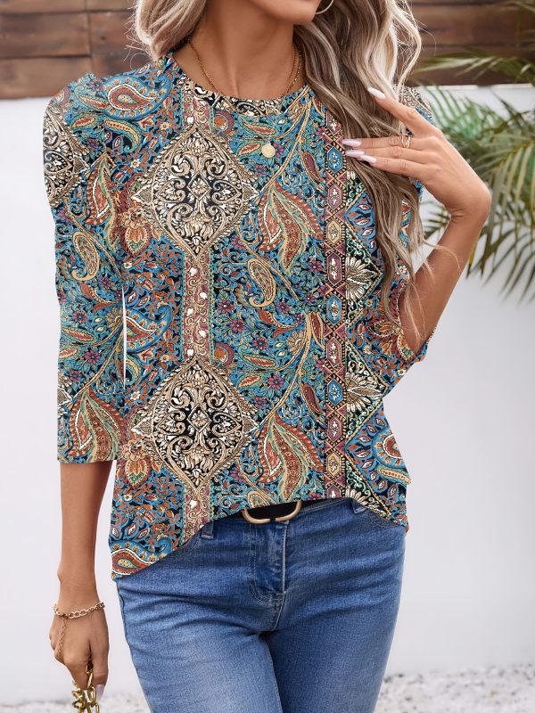 women's vibrant paisley print 3u002f4 sleeve top casual round neck summer t shirt, lightweight polyester blend, perfect for casual attire, ladies t shirts