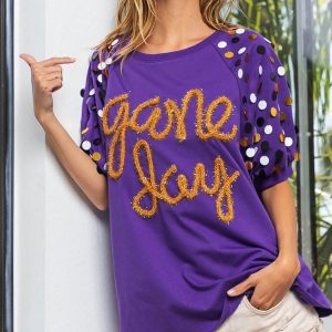 womens casual t shirt playful game day graphic tee polka dot sleeve design fashion purple gold letter print short puff sleeve round neck oversized loose fit athletic spirit wear team fan celebration top summer spring