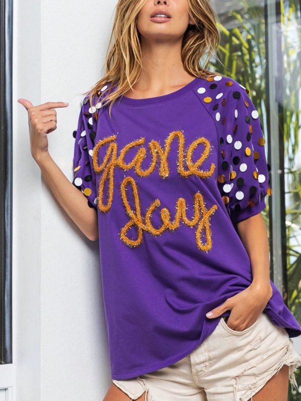 womens casual t shirt playful game day graphic tee polka dot sleeve design fashion purple gold letter print short puff sleeve round neck oversized loose fit athletic spirit wear team fan celebration top summer spring