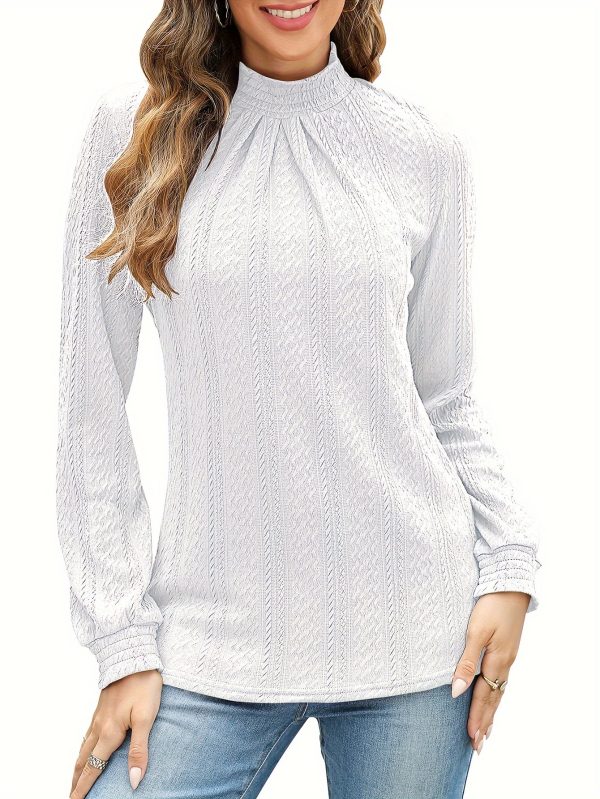 women's casual long sleeve ribbed top solid color stand collar pleated textured elegant tunic shirt, stretchy regular fit for fallu002fwinter, ladies tops and shirts, winter fashion, structured design, comfortable wear