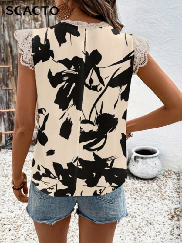 scacto women's geometric leaf print lace cap sleeve blouse black & white contrast crew neck casual shirt, all season machine washable top for casual attire, versatile shirt, feminine style, quality stitching, stylish shirt, summer wardrobe