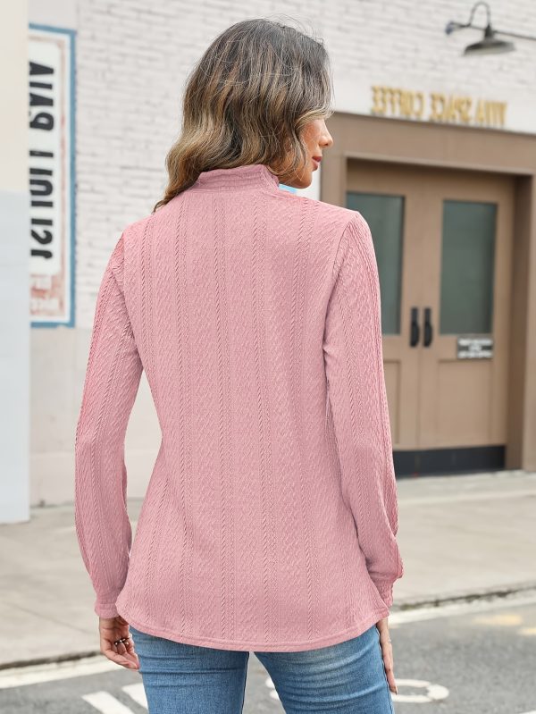 women's casual long sleeve ribbed top solid color stand collar pleated textured elegant tunic shirt, stretchy regular fit for fallu002fwinter, ladies tops and shirts, winter fashion, structured design, comfortable wear