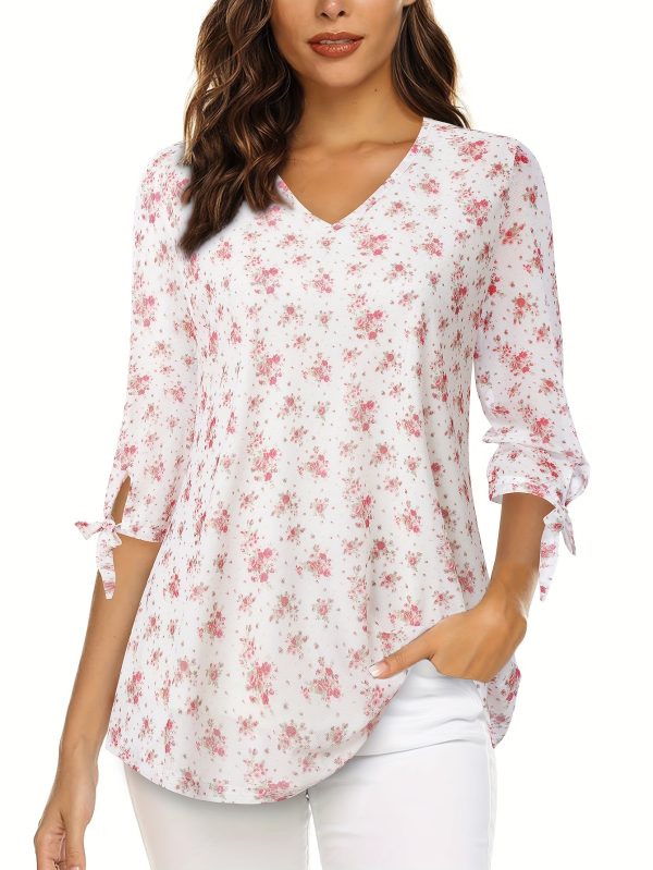 women summer tops blouses and shirts v neck double layer mesh printed shirt three quarter sleeve cuff strap top