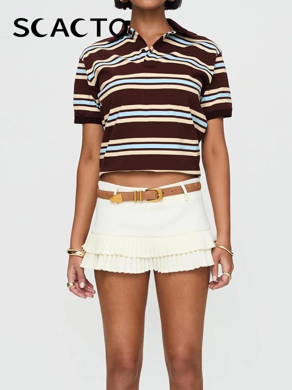 scacto elegant y2k striped shirt women vintage 90s preppy style top skirt outfits