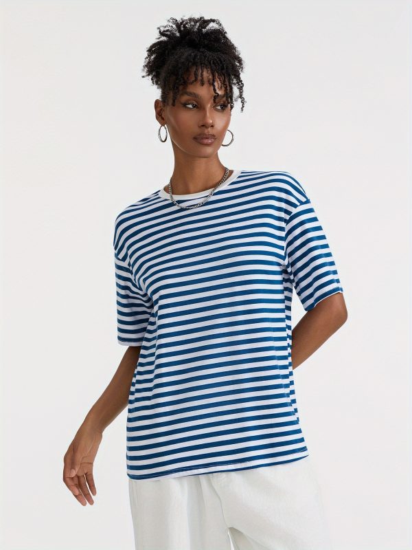 women short sleeve t shirts stripe contrast color round neck shirts summer casual loose fit tops streetwear