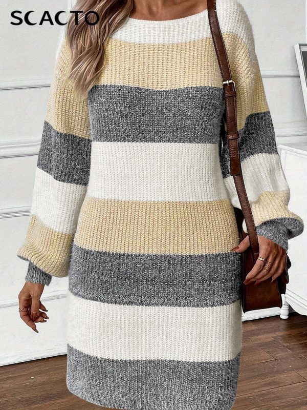 timeless striped design autumnu002fwinter dress for women loose comfortable long sleeve round neck knee length dress