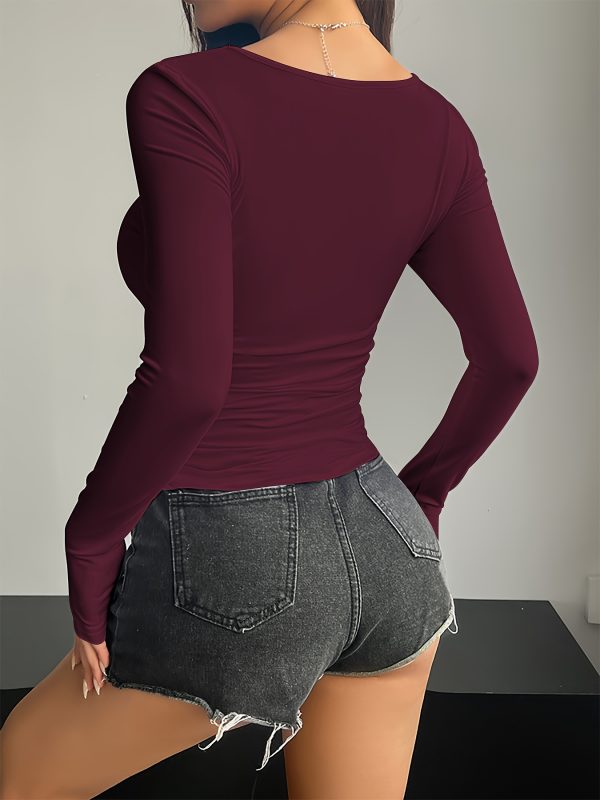 women's stylish black long sleeve t shirt with maroon accents square neck, polyester, perfect for spring & fall, casual attire|square neckline|polyester fabri